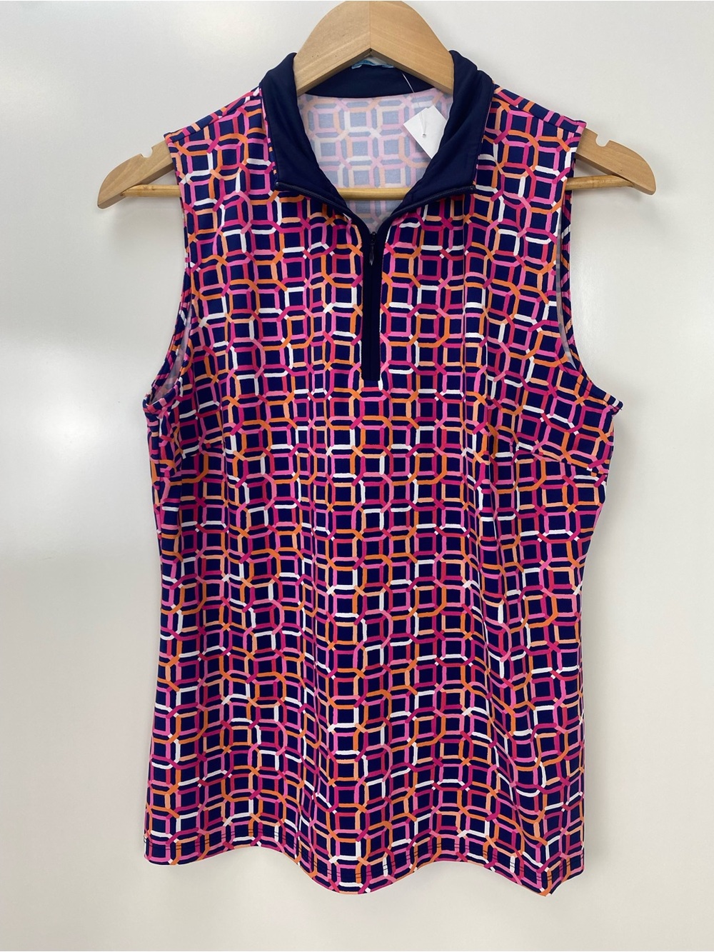 J. McLaughlin Sleeveless Geometric Print Zip Polo - Pink & Navy